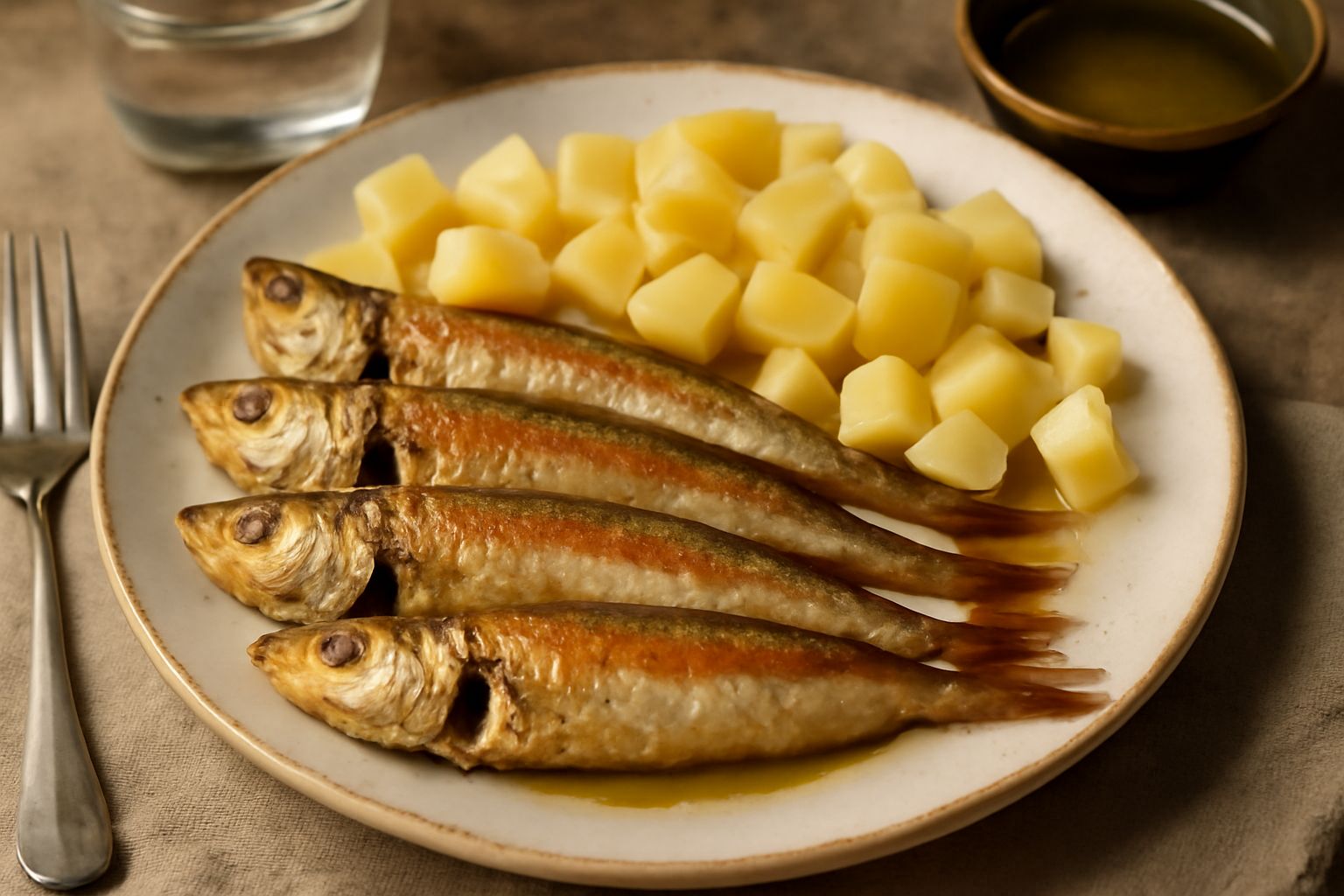 Piatto di ceramica bianca con suri dorati e patate gialle tagliate a dadini, prezzemolo fresco su sfondo neutro