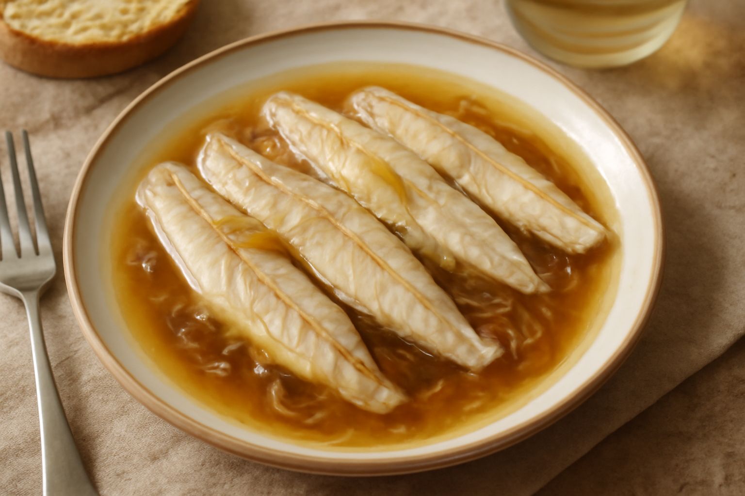 Piatto bianco con suro marinato: filetti di pesce bianco translucido in salsa trasparente ambrata con aceto, rosmarino fresco e aglio affettato, contorno di verdure scure