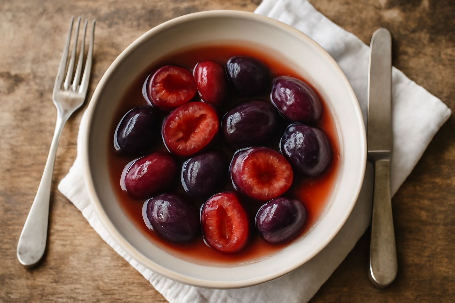 Barattolo di vetro con susine viola e rosse immerse in sciroppo trasparente, cannella e chiodi di garofano visibili nel liquido, luce naturale che illumina il contenuto