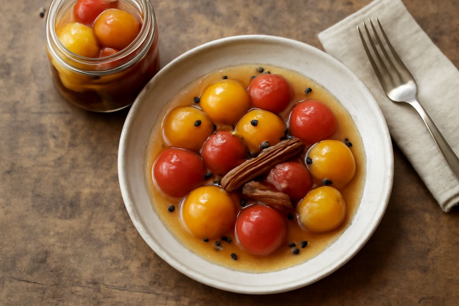 Barattolo di vetro con susine intere gialle e rosse immerse in liquido trasparente color ambrato, con spezie visibili tra i frutti e un coperchio ermetico, su sfondo bianco