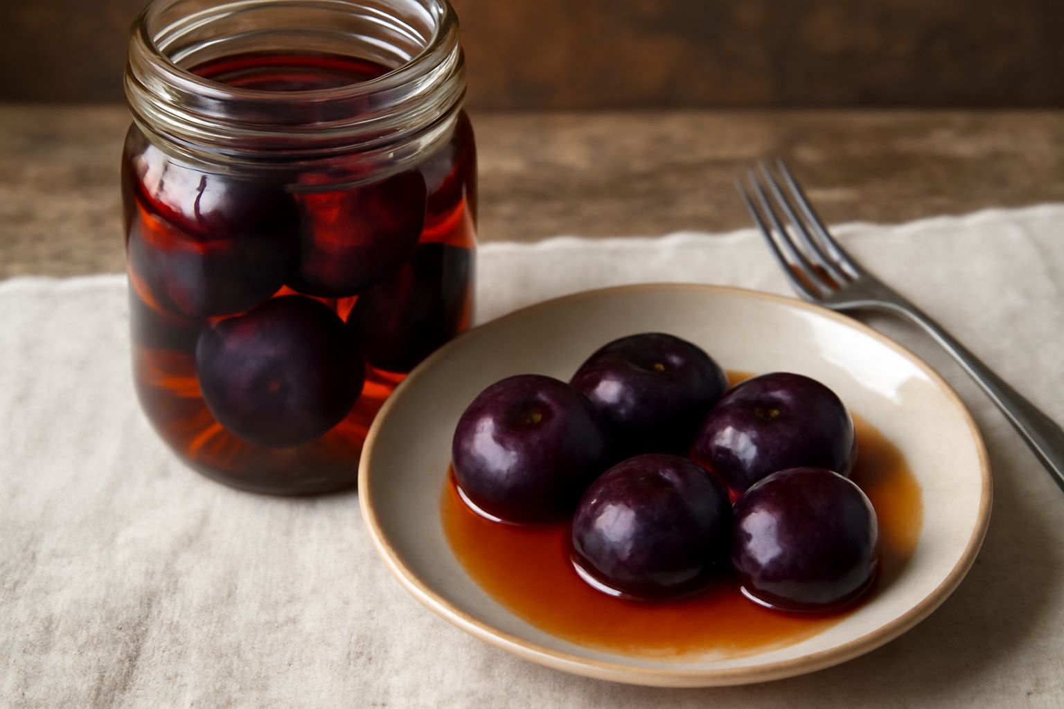 Barattolo di vetro con susine rosse e blu immerse in liquido trasparente ambrato, etichettato con data, adagiato su un tavolo di legno chiaro con accanto una susina fresca intera