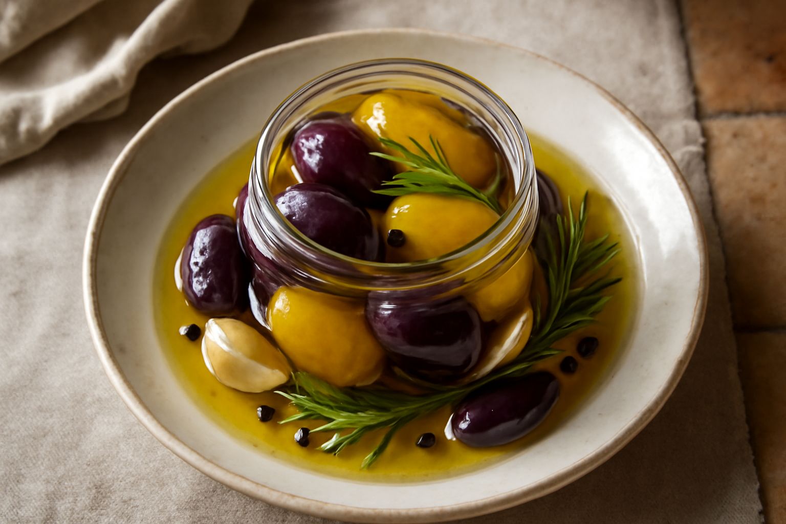 Barattolo di vetro trasparente pieno di susine intere viola scuro semiaffondate in olio trasparente giallognolo, con rametti di rosmarino, spicchi d'aglio visibili e tappo di metallo grigio