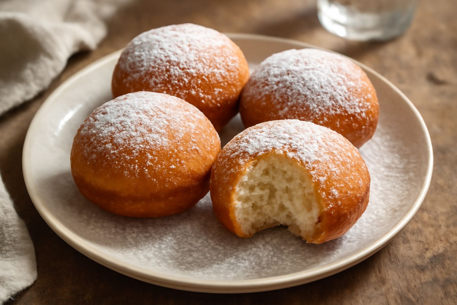Süsskrapfen dorati e croccanti disposti su un piatto bianco, ricoperti di zucchero a velo e granella di zucchero, con sfondo di cucina luminosa