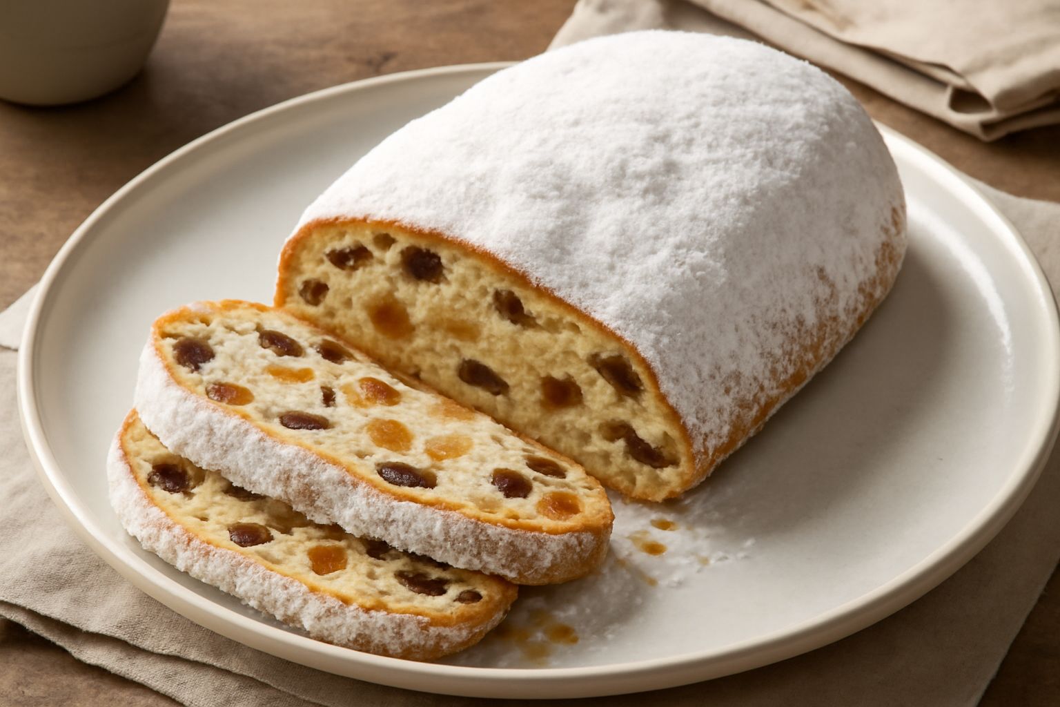 Süßstollen intero affettato, di forma allungata e bombata, ricoperto da strato spesso di zucchero a velo bianco, con fette che mostrano interno ricco di frutta secca colorata e mandorle dorate, su tav