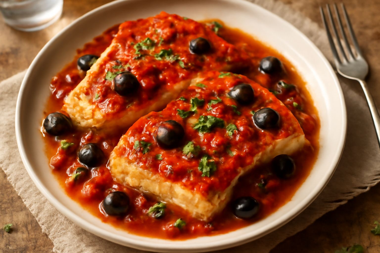 Fette di pesce spada dorato cotto in padella ricoperte di salsa di pomodori rossi vivi, olive nere e capperi, servite in piatto bianco con prezzemolo fresco