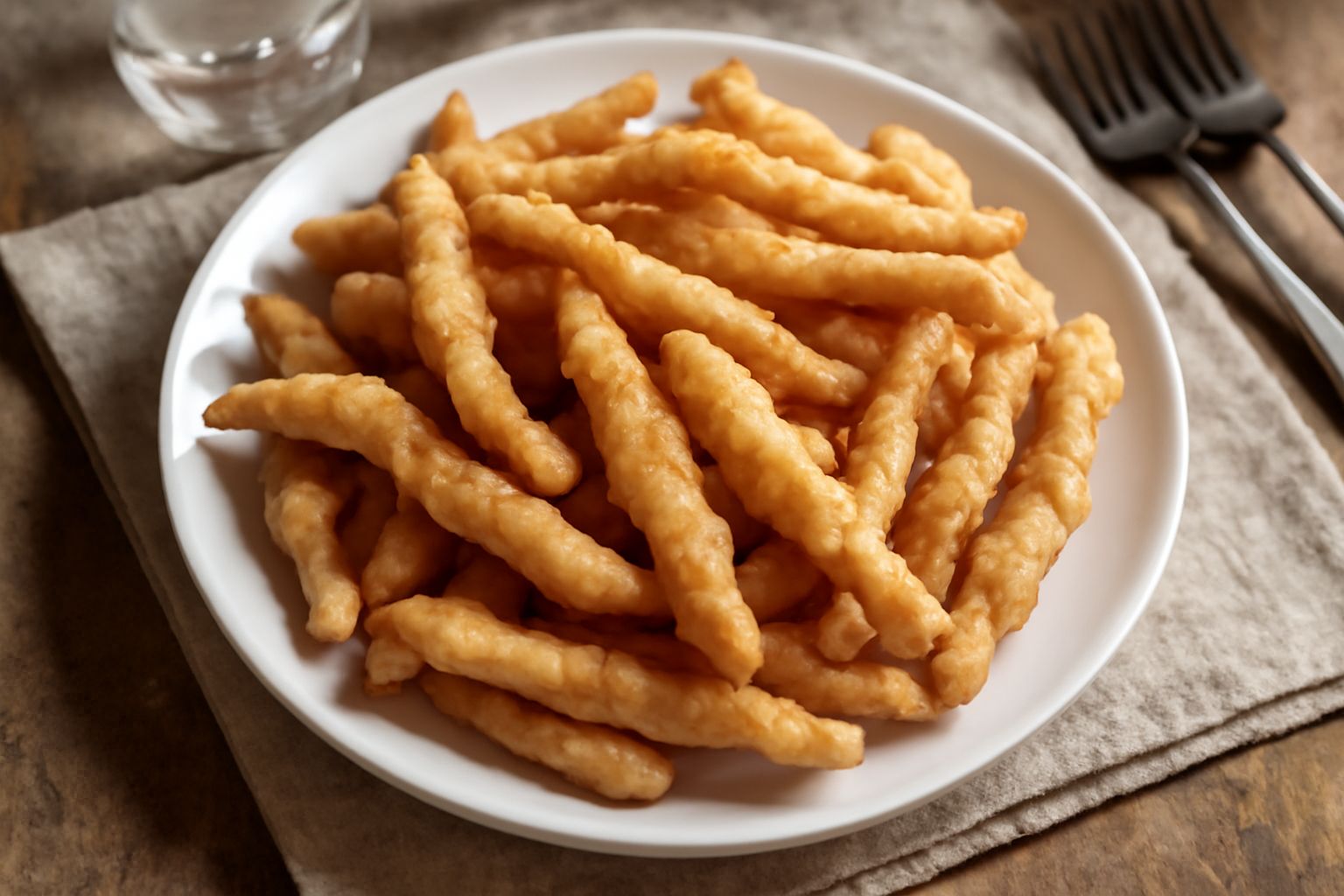 Tacaconi dorati e croccanti disposti su un piatto bianco, bastoncini di pasta fritta con superficie irregolare e brillante, vapore appena visibile