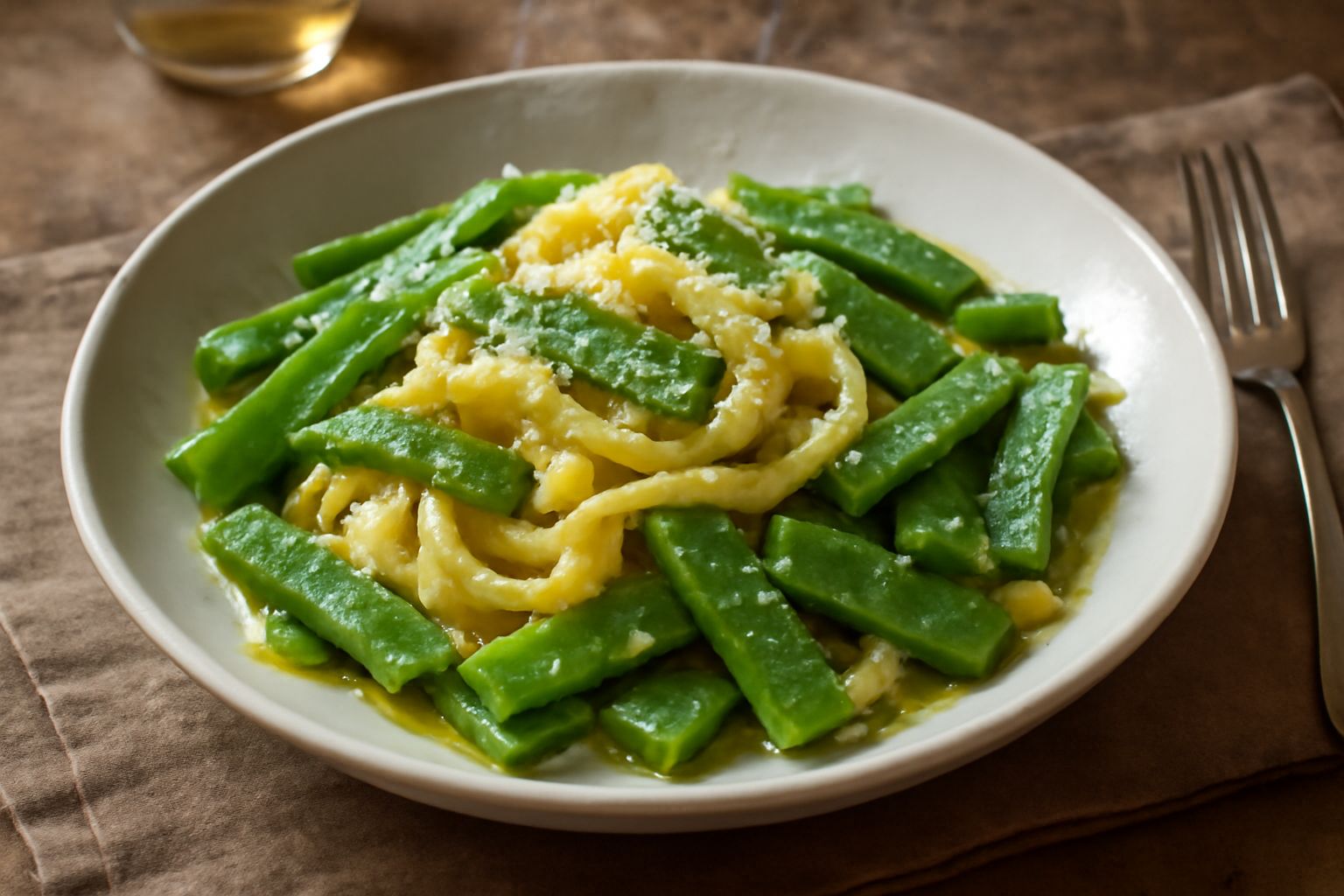 Piatto di pasta fresca gialla con taccole verdi croccanti, olio di oliva lucido, uno spicchio d'aglio bianco e grana grattugiata, servito in ciotola bianca con placemat in tela