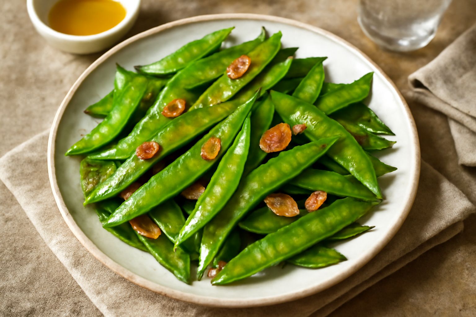 Taccole verdi croccanti saltate in padella, leggermente dorate ai bordi, con spicchi d'aglio dorato e gocce d'olio, servite in un piatto bianco su tavolo di legno