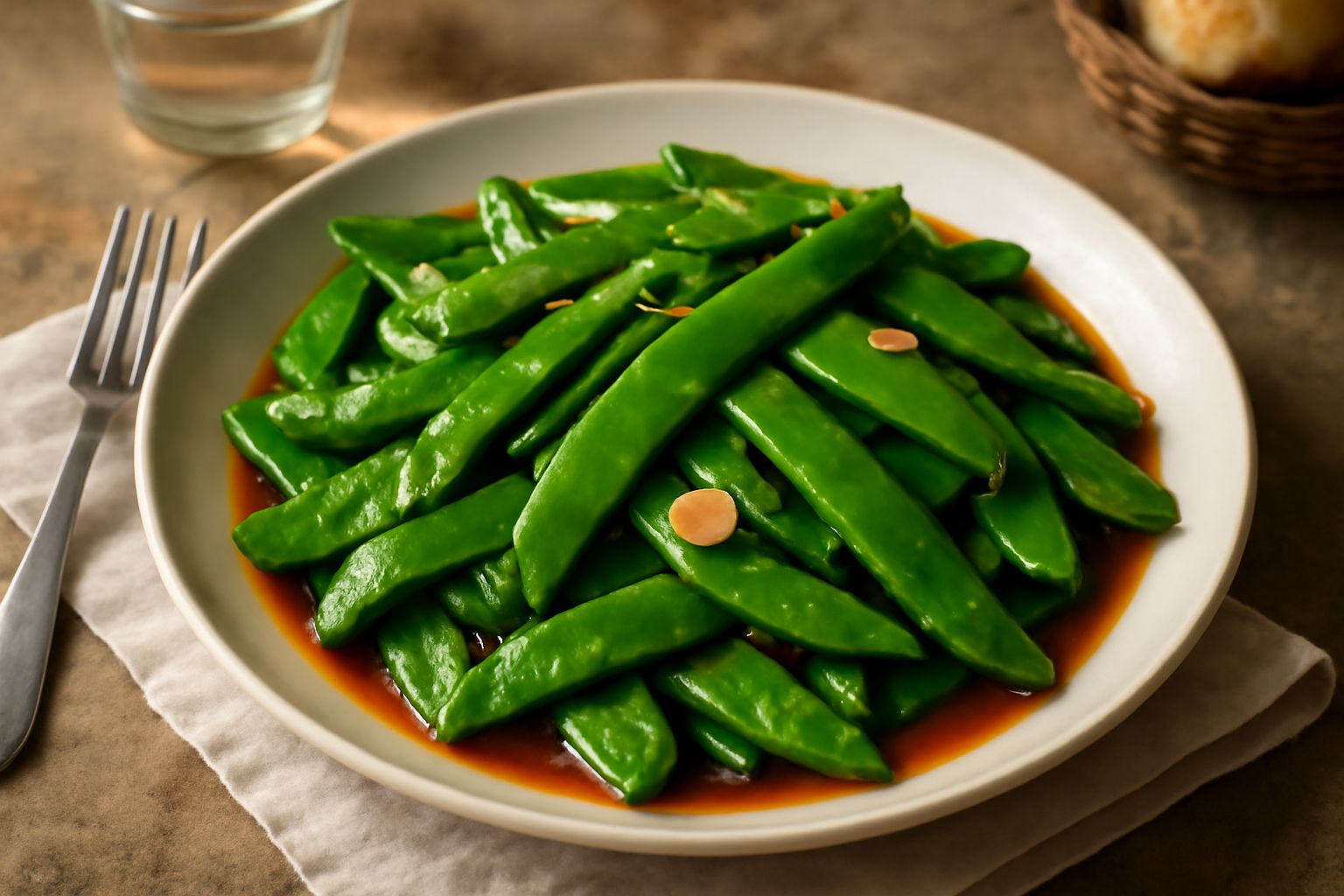 Taccole verdi brillanti in una ciotola di ceramica bianca, leggermente lucide dall'olio, con spicchi d'aglio dorato visibile accanto, contorno di prezzemolo fresco