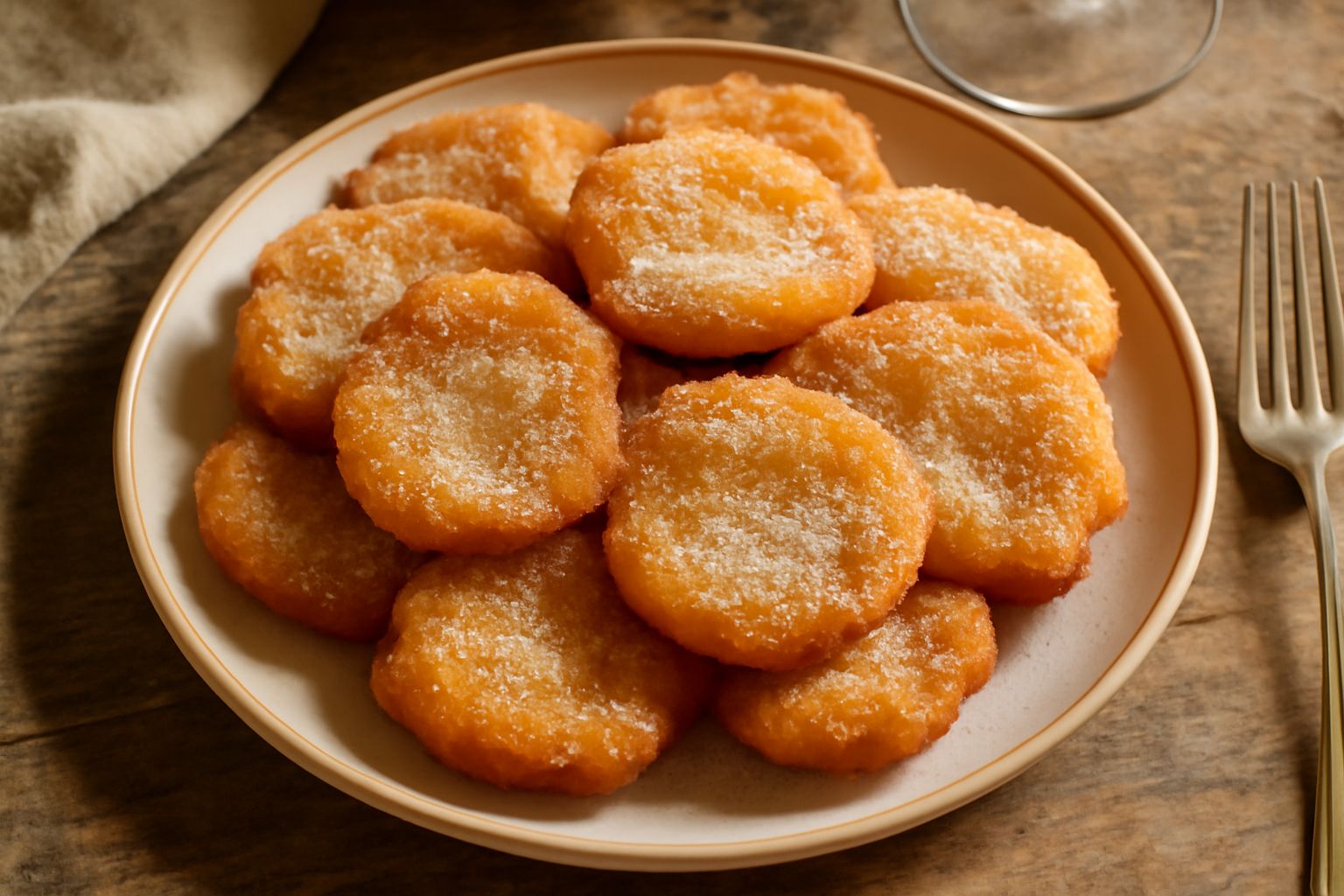 Tacconi dorati e croccanti impilati su un piatto bianco, cosparsi di zucchero semolato, con una tazza di caffè sfocata sullo sfondo