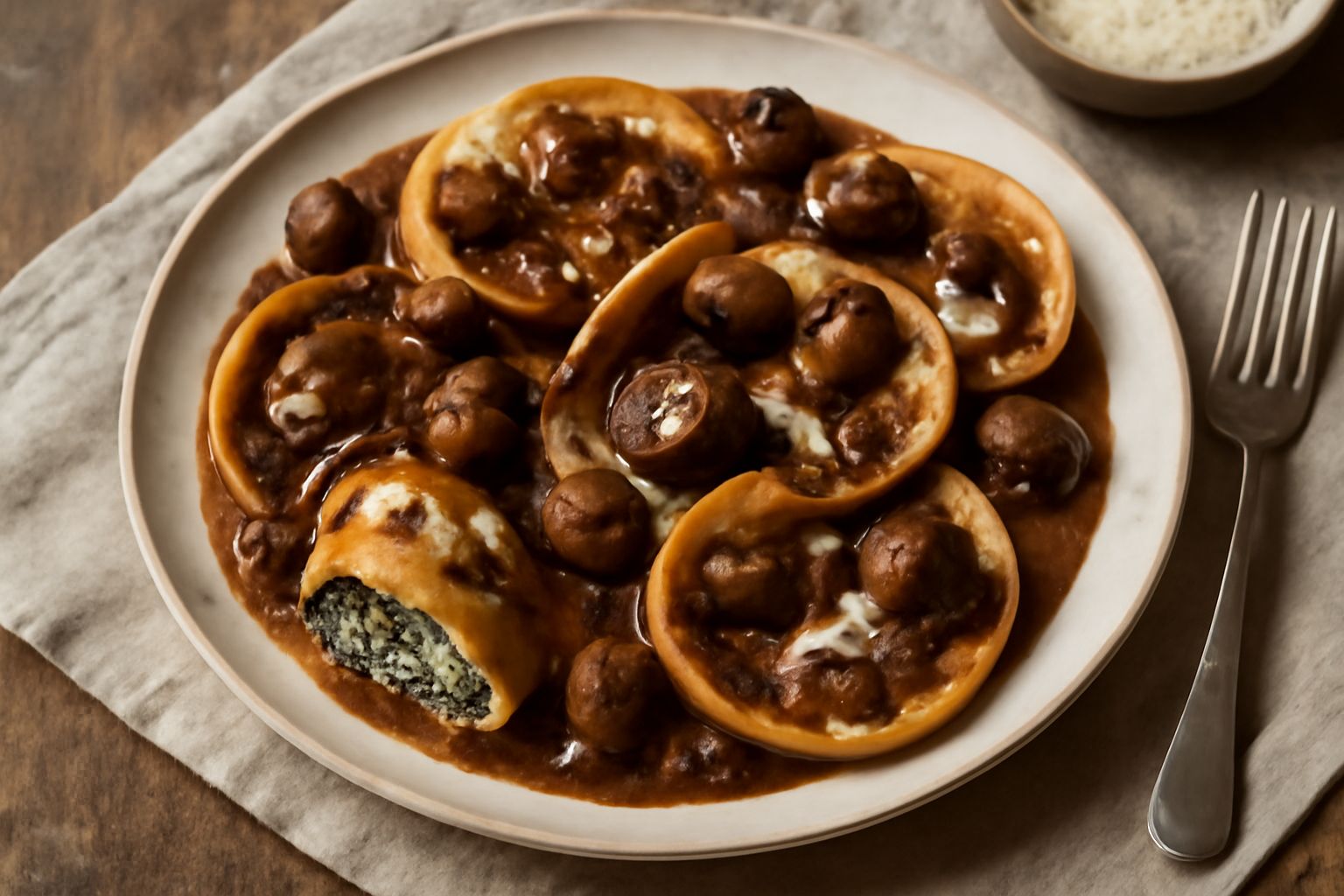 Tacconi ai funghi su piatto bianco, dischi di pasta gialla con bordi arrotolati, ricoperti di sugo marrone scuro con funghi visibili e filetti di panna bianca, contorno di prezzemolo fresco
