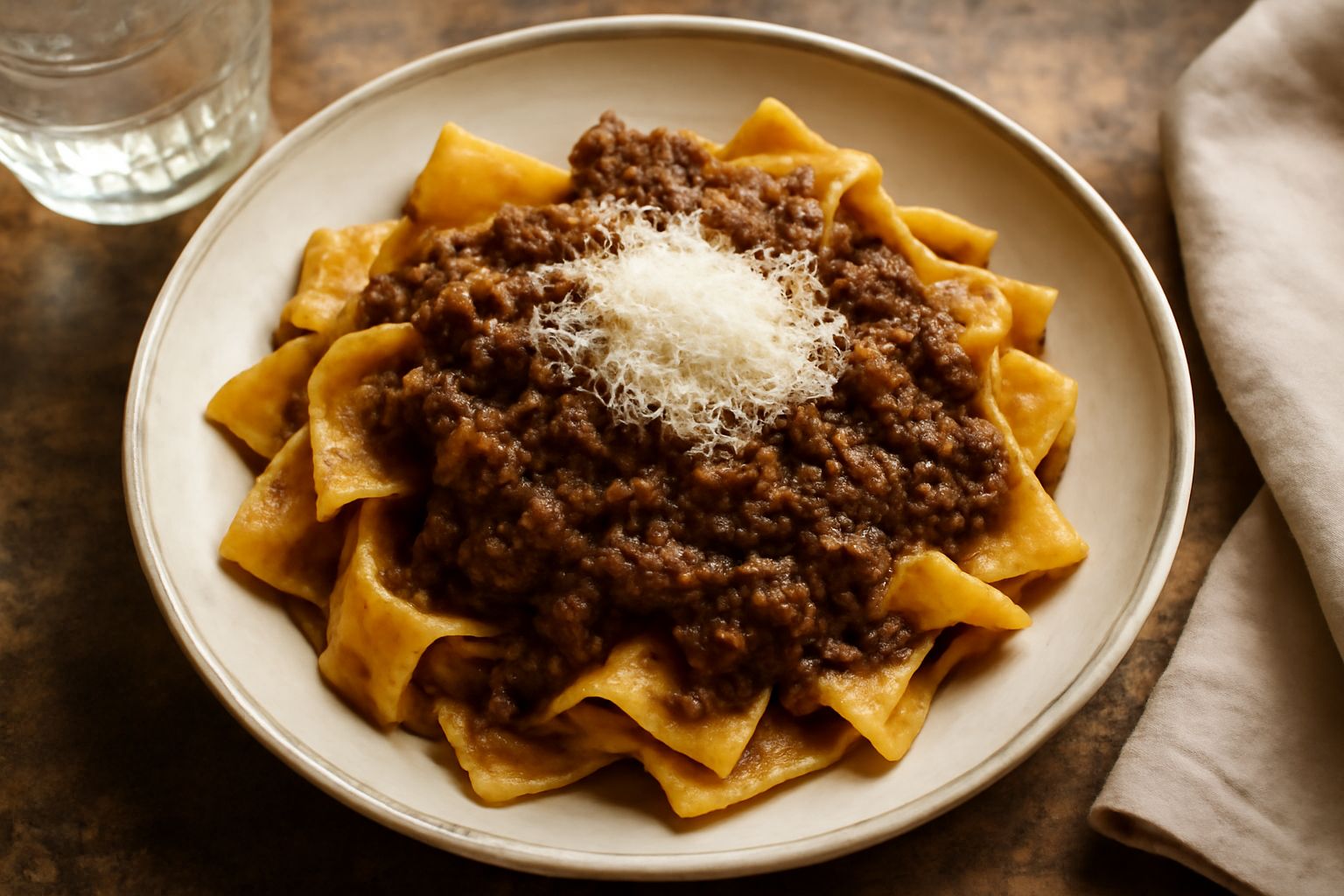 Un piatto fondo di ceramica bianca con tacconi al sugo di lepre: pasta larga color oro servita con ragù marrone scuro, guarnita da parmigiano grattugiato e prezzemolo fresco verde.