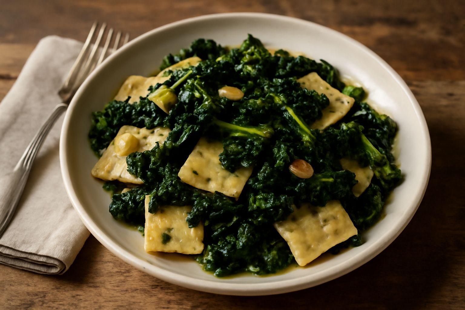 Piatto di tacconi conditi con cime di rapa verde scuro, aglio dorato in olio, visti da sopra in una ciotola di ceramica bianca con un filo di olio extravergine