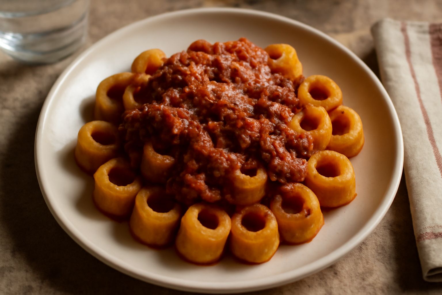 Piatto bianco con tacconi ricoperti di ragù rosso scuro, grattugia di parmigiano bianca sulla superficie, cucchiaio di legno accanto, tavolo in legno chiaro