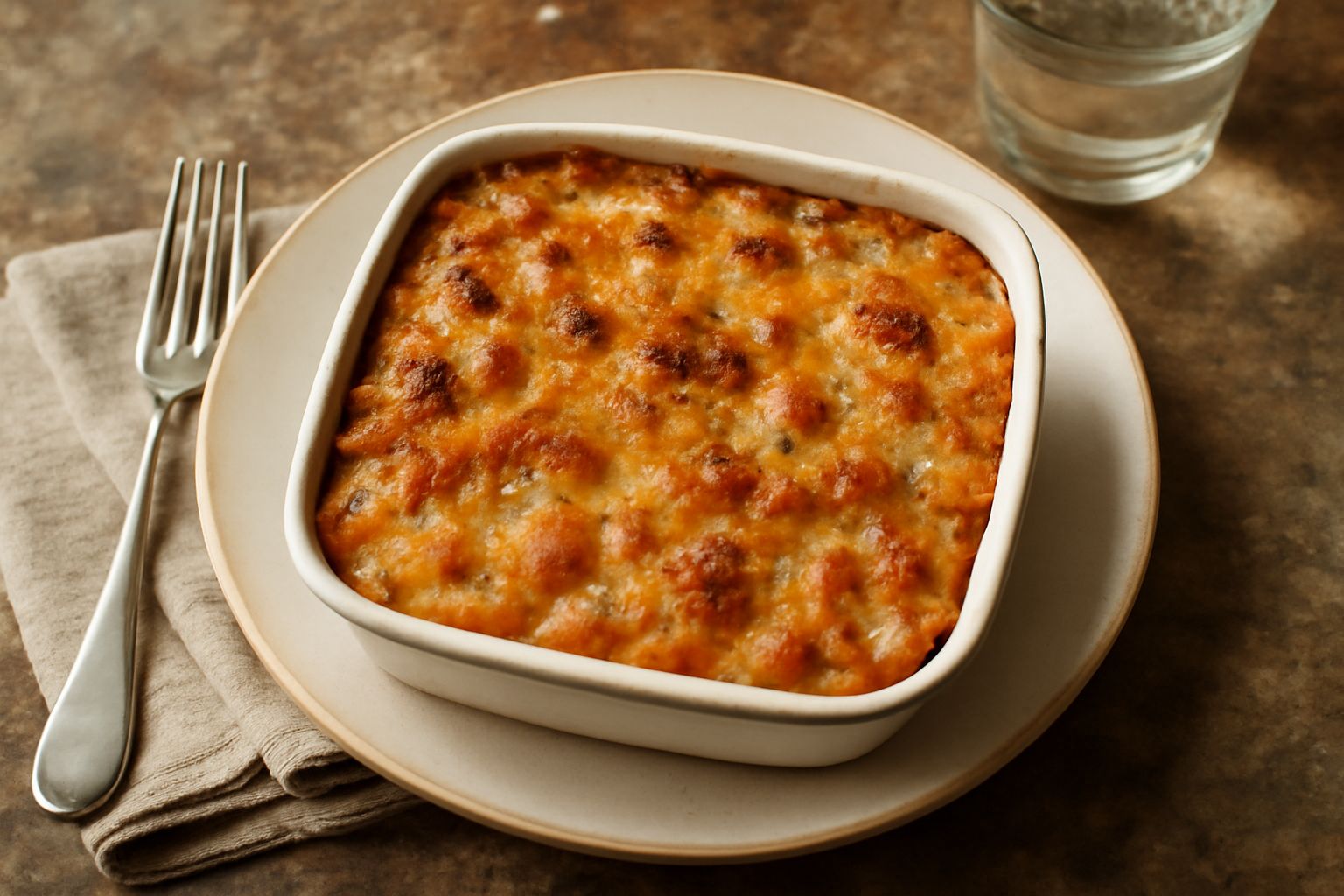Tacconi gratinati in pirofila bianca, coperti da una crosticina dorata di pangrattato e formaggio, con rametti di rosmarino e un filo d'olio d'oliva visibile