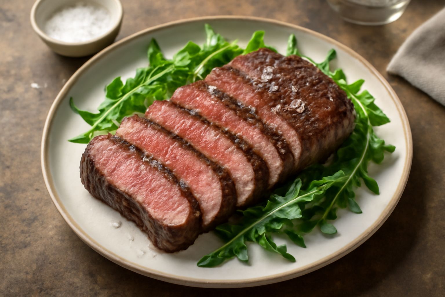 Tagliata di manzo affettata su un piatto bianco, carne rossa rosata al centro con bordi dorati e caramellati, cosparsa di sale grosso e decorata con rametti di rosmarino fresco