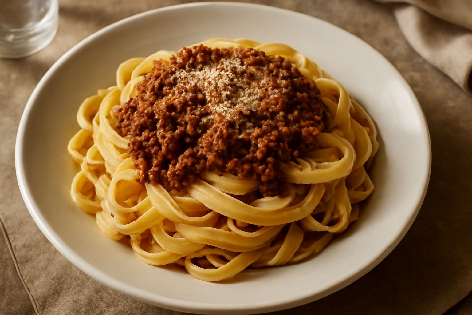 Un piatto di tagliatelle al ragù, pasta gialla e ondulata avvolta su se stessa, con sugo rosso scuro, grattugia di parmigiano bianco sporco su tutta la superficie, contorno di verdure e un cucchiaio d
