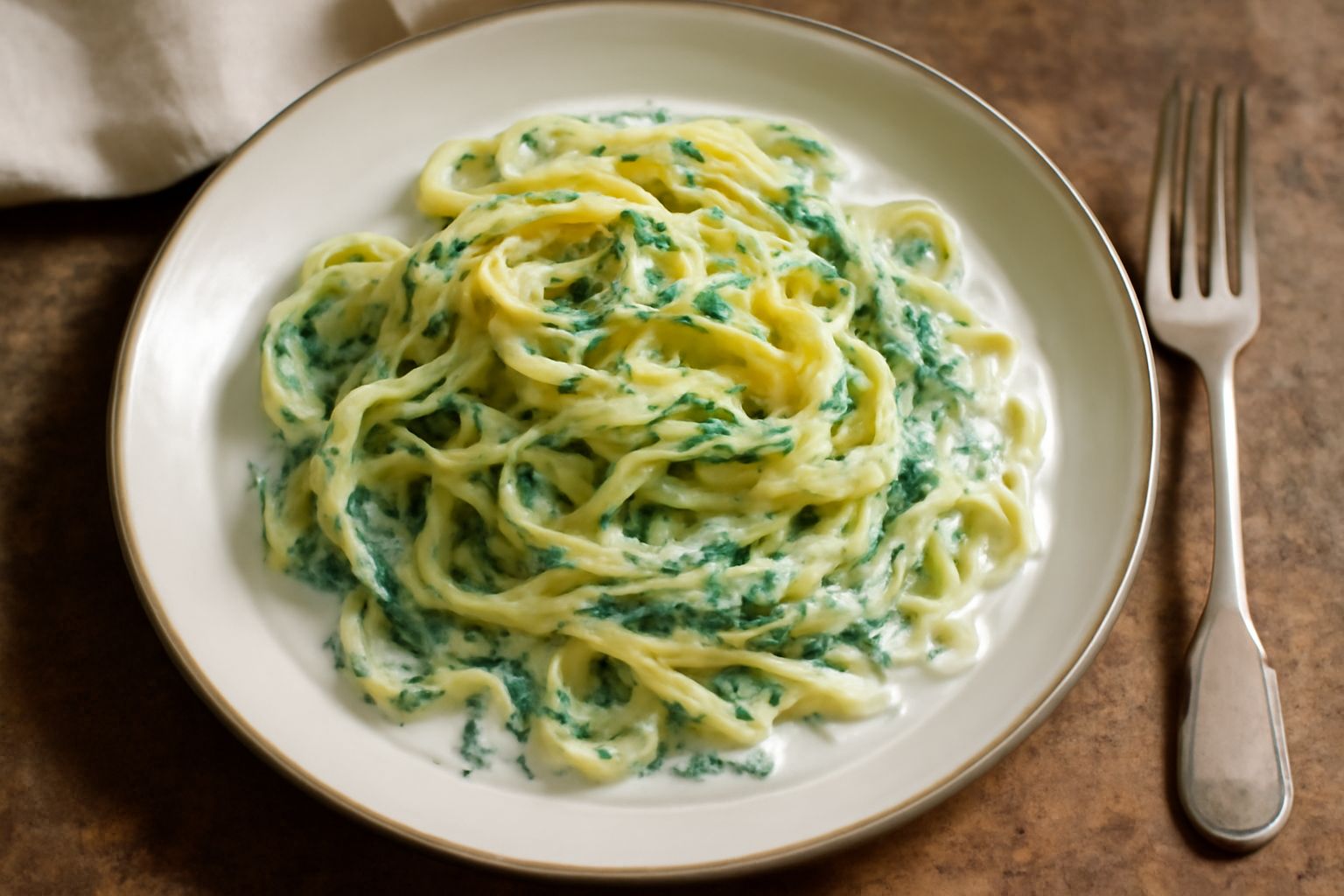 Piatto di tagliatelle agli spinaci e ricotta, pasta gialla con striature verdi, mantecata con salsa bianca cremosa, riccioli di parmigiano grattugiato fresco in cima, su piatto bianco fondo neutro.