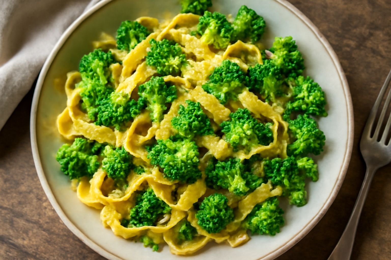 Piatto di tagliatelle dorate con broccoli verdi spezzettati, olio lucido, parmigiano grattugiato in scaglie, aglio dorato, servito in piatto bianco