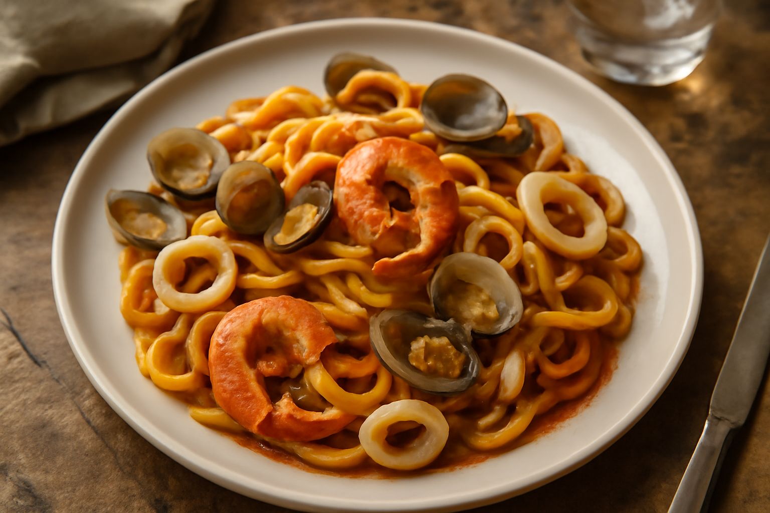 Tagliatelle fresche gialle ricoperte di sugo ai frutti di mare con vongole aperte, gamberi rosa e calamari bianchi, guarnite di prezzemolo fresco e una goccia d'olio, impiattate in un piatto bianco co