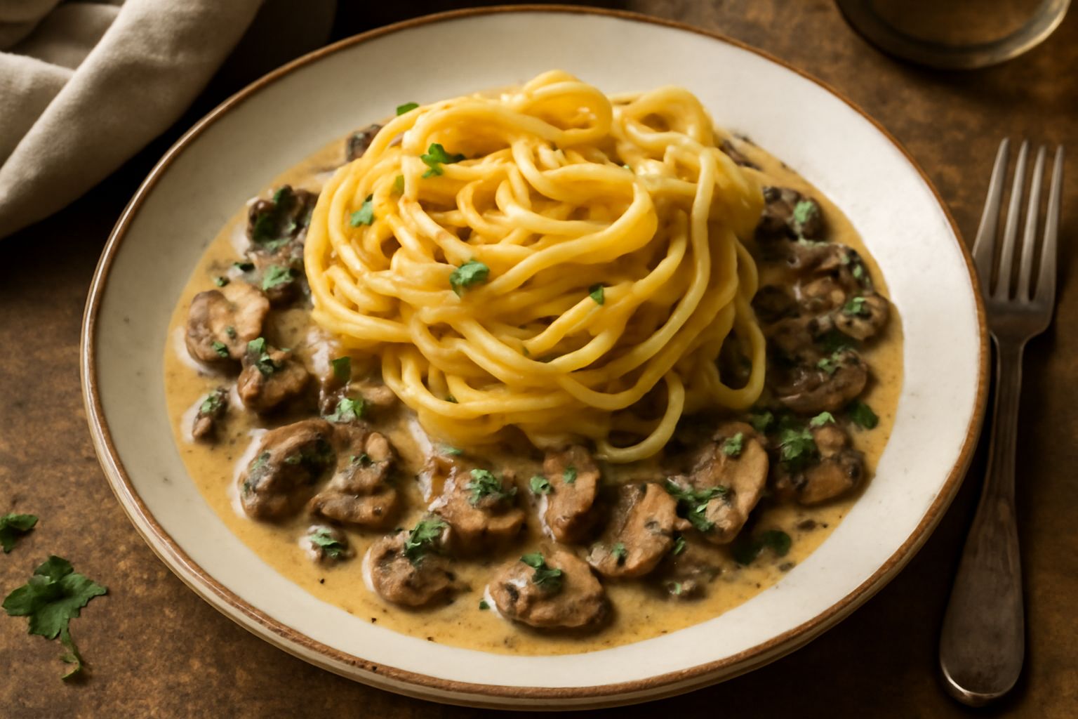 Tagliatelle ai funghi in piatto bianco con salsa marrone cremosa, funghi trifolati visibili, pepe nero e prezzemolo fresco sopra, forchetta di legno di lato