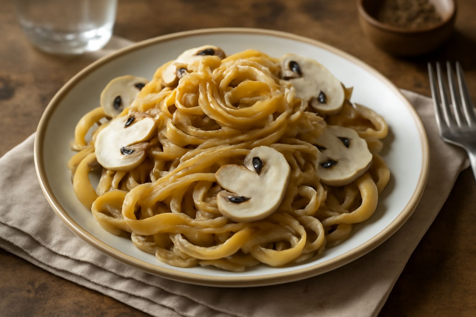Tagliatelle ai funghi bianchi servite in piatto bianco fondo: pasta dorata arrotolata al centro, salsa cremata color nocciola, fette di funghi bianche e marroni, guarnizione di prezzemolo verde fresco