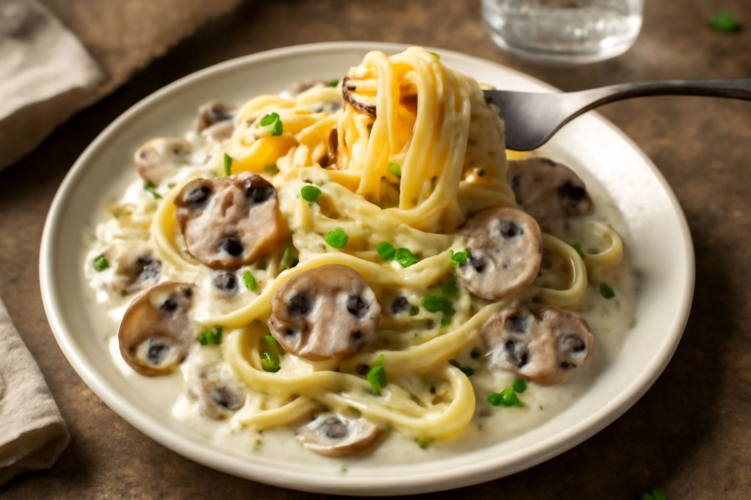 Tagliatelle dorate avvolte intorno a una forchetta, coperte di salsa cremosa bianca con visibili fettine di funghi champignon marrone chiaro e prezzemolo verde tritato sparse in superficie, in un piat