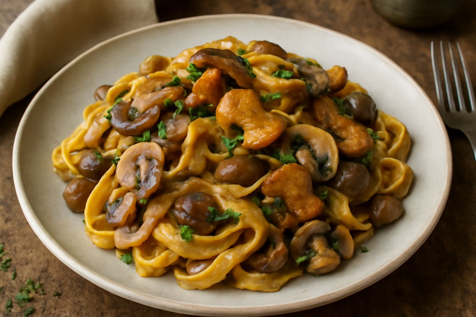 Tagliatelle dorate condite con funghi misti rossicci e bianchi, burro e prezzemolo fresco, impiattate in un piatto bianco fondo con formaggio grattugiato a lato