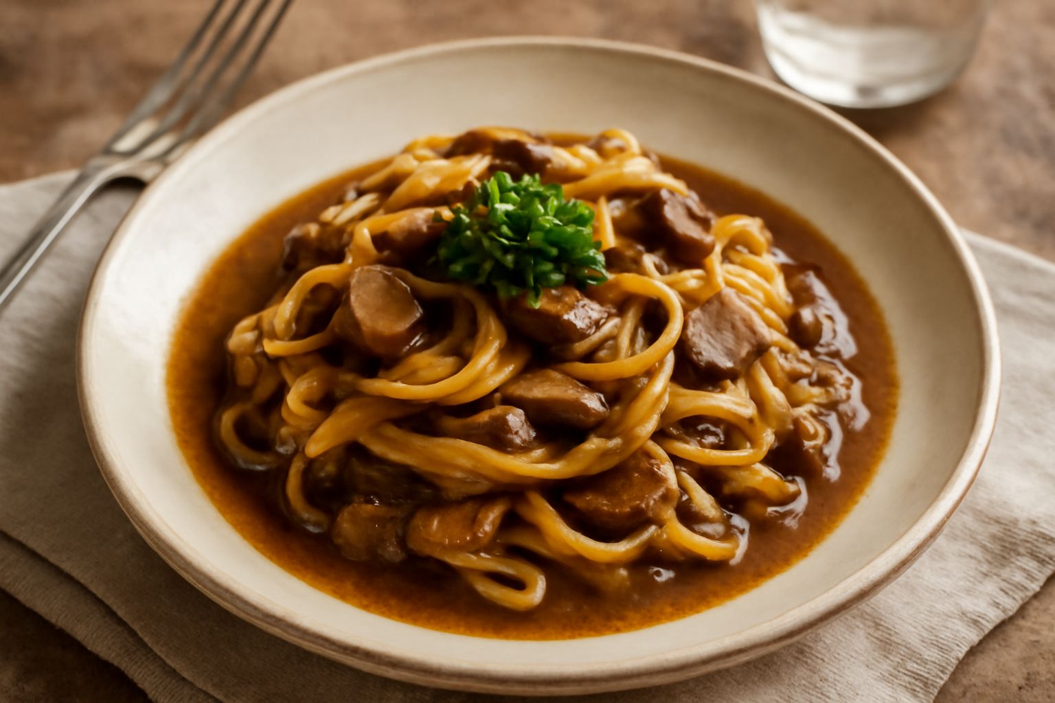 Piatto di tagliatelle dorate avvolte in salsa marrone scuro di funghi porcini, con una spirale al centro, prezzemolo verde fresco sparso sopra e un filo d'olio lucido, su un piatto bianco.