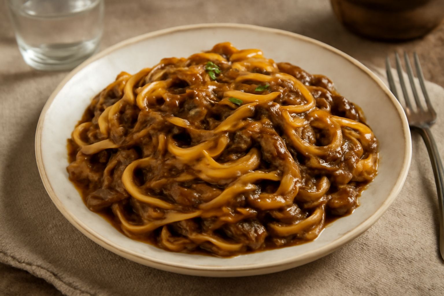 Piatto di tagliatelle bianche con funghi marroni e brunastri, parmigiano grattugiato, prezzemolo verde, olio lucido in superficie, su fondo scuro