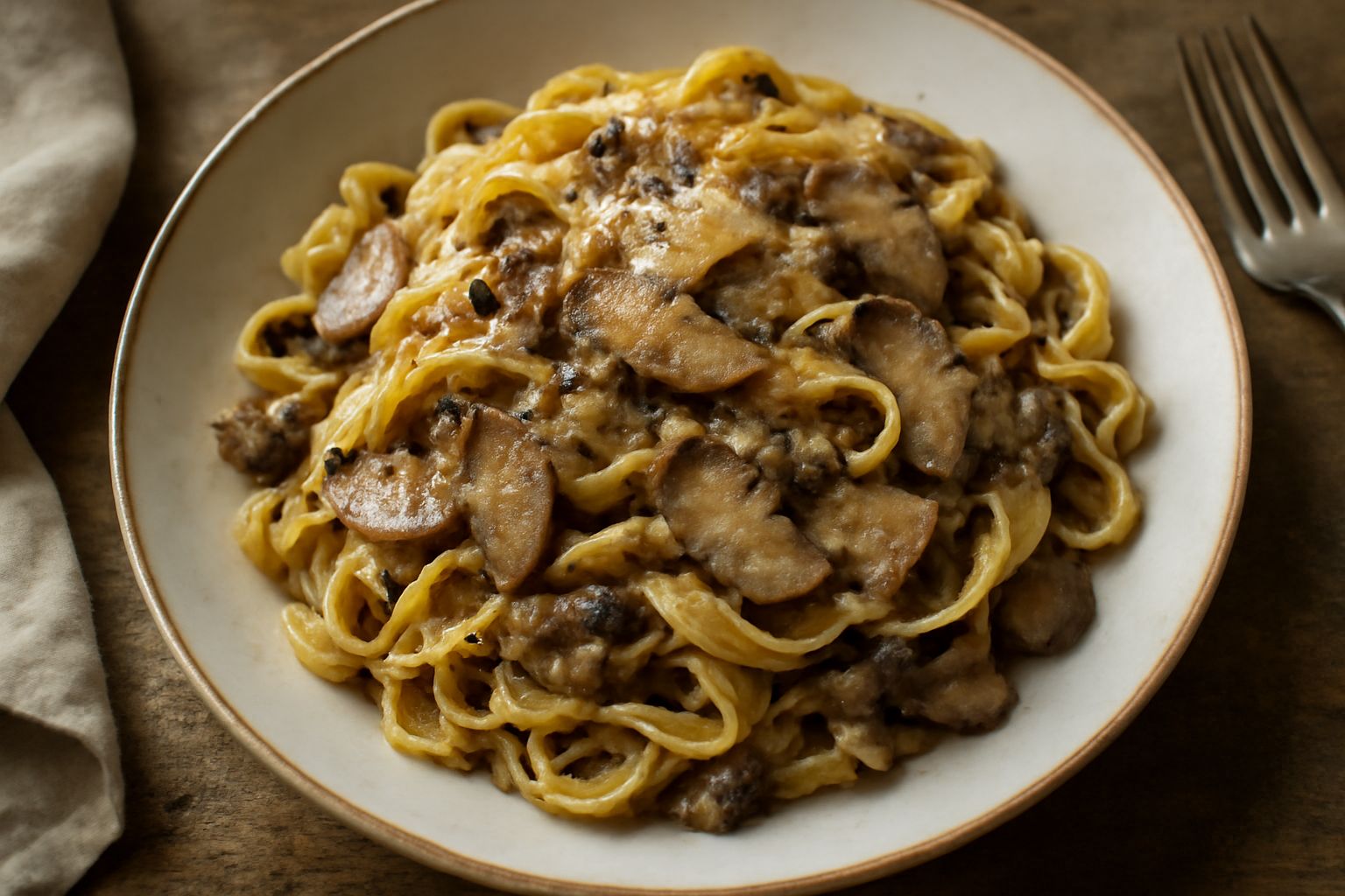 Piatto di tagliatelle cremose ricoperte di porcini dorati, burro fuso, scaglie di parmigiano, prezzemolo fresco. Sottofondo di legno scuro, forchetta in acciaio inossidabile a sinistra.