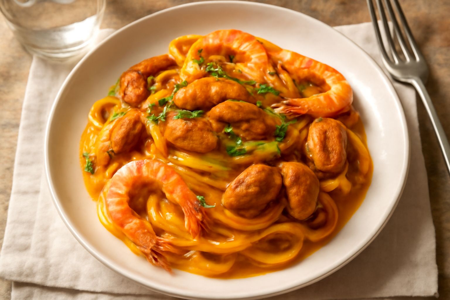 Piatto bianco con tagliatelle giallo oro condite con ricci di mare arancioni, prezzemolo verde, olio lucido e una spruzzata di pepe nero. Sullo sfondo una foglia di mare blu.