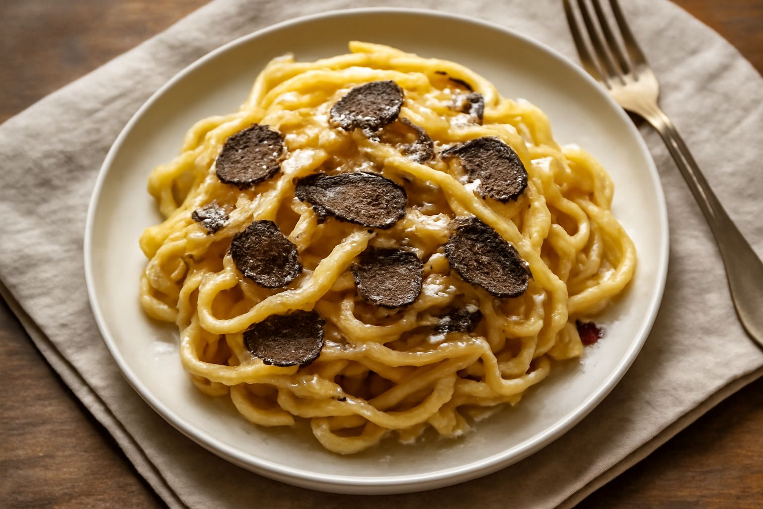 Piatto di tagliatelle dorate al tartufo, condite con fettine di tartufo nero, mantecate con burro e parmigiano, guarnite da lamine dorate, su fondo bianco