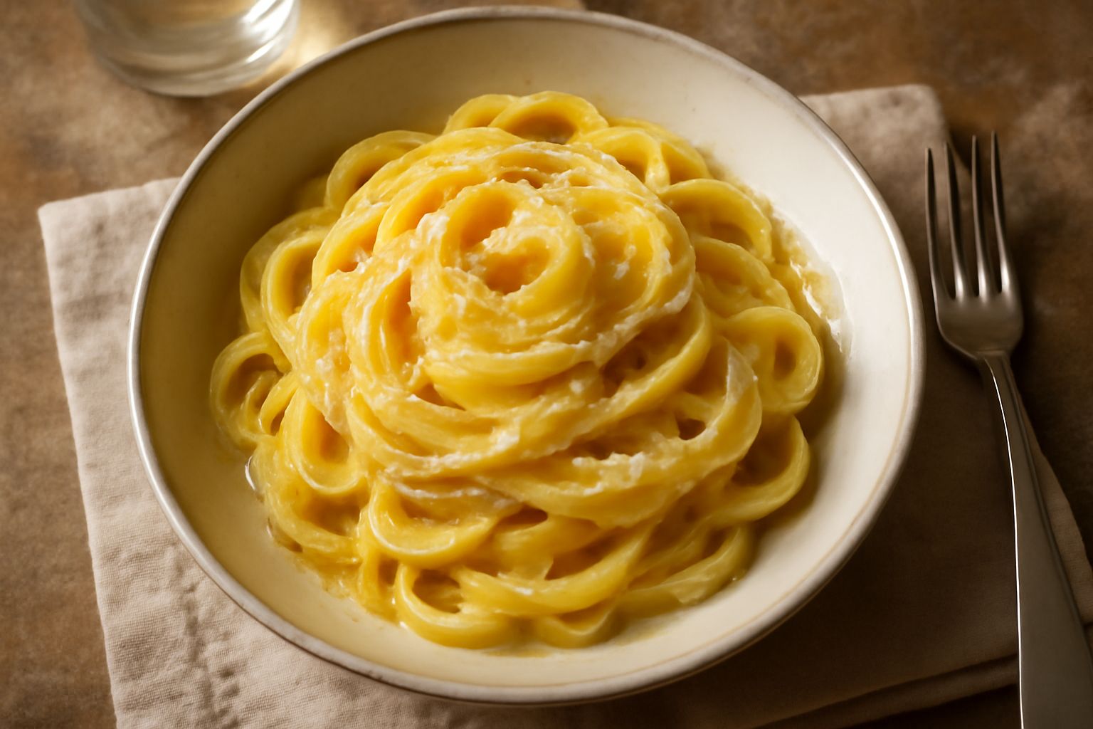 Tagliatelle al burro in un piatto fondo bianco, pasta giallo oro avvolta intorno a una forchetta, cremosa al centro con grani di parmigiano bianco sparsi, burro che riluce sulla superficie, contorno n