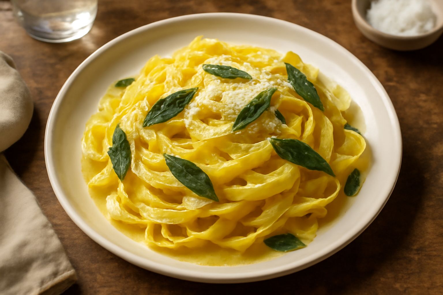 Tagliatelle cremose ricoperte di burro lucido, foglie di salvia verde scuro sparse in surface, parmigiano grattugiato, in un piatto bianco fondo con leggera salsa di burro visibile