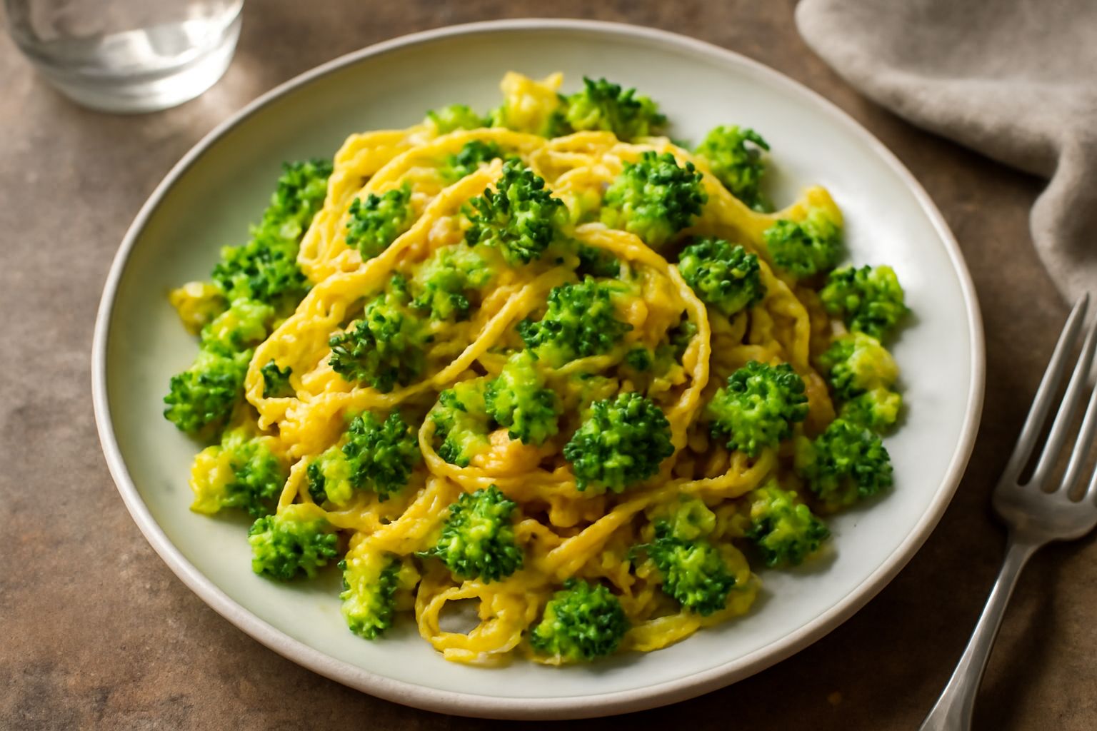 Tagliatelle gialle e ondulate condite con strisce di cavolo romano verde brillante, tossate in padella, con gocce di olio d'oliva e pepe nero visibile sulla superficie, servite in un piatto bianco fon
