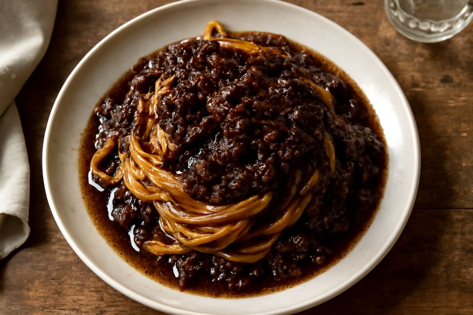 Piatto di tagliatelle all'uovo ricoperte di ragù scuro marrone, guarnito con formaggio grattugiato bianco e foglia di prezzemolo verde, su piatto bianco fondo scuro
