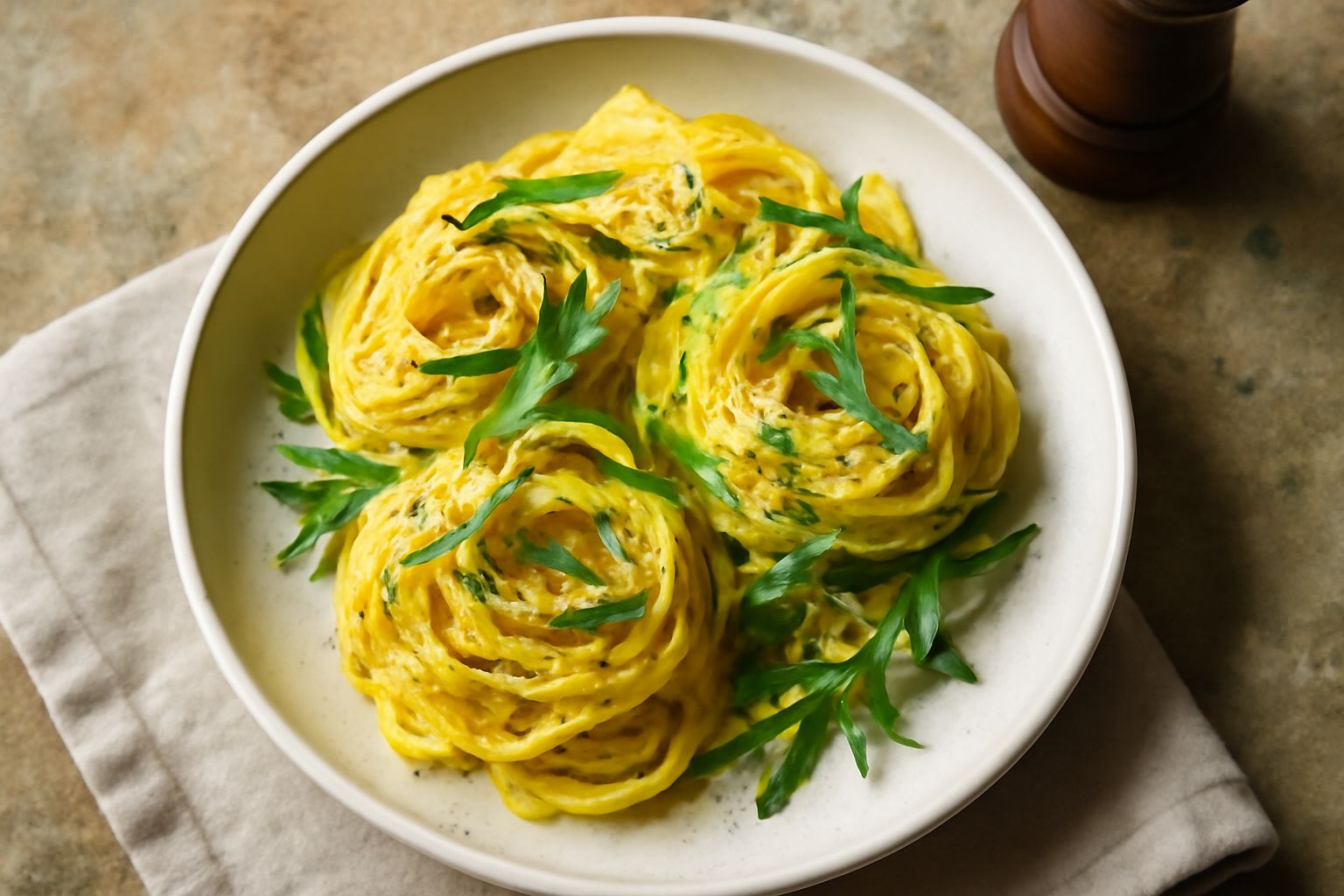 Piatto di tagliatelle al dragoncello con pasta giallo oro arrotolata, foglie verdi di dragoncello fresche sparse sopra, burro lucido che brilla, parmigiano grattugiato bianco, fondo bianco e piatto in