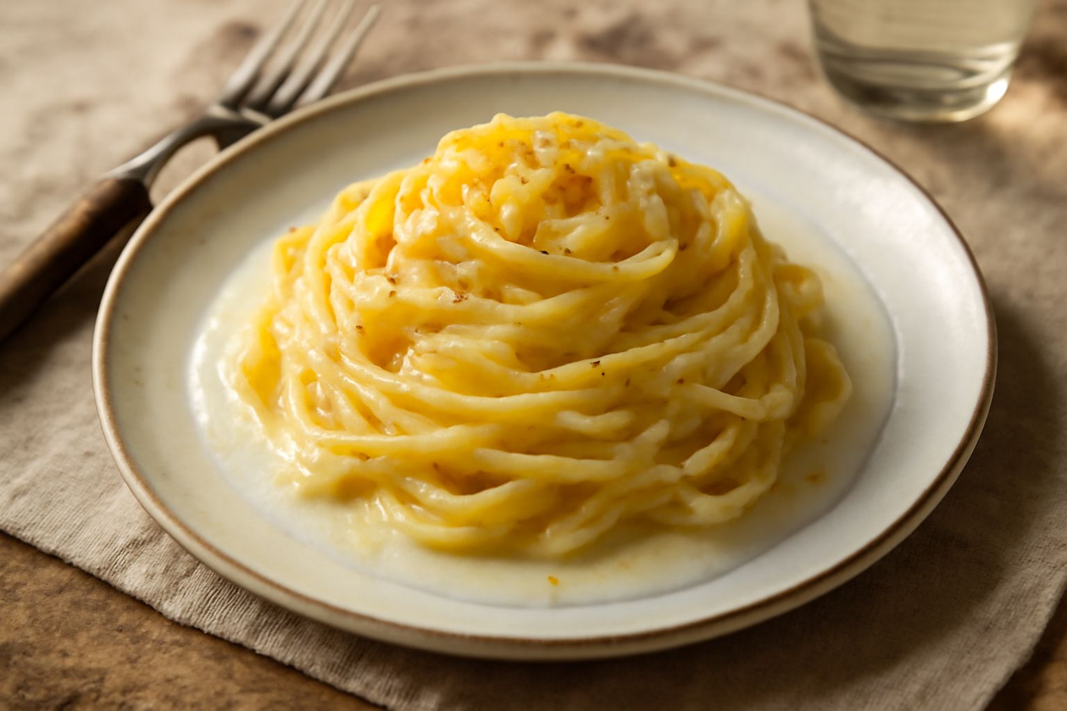 Tagliatelle cremose al limone in piatto bianco, panna chiara intrecciata alle paste, polvere di parmigiano giallo su base di limone affettato sottile, basilico fresco in cima