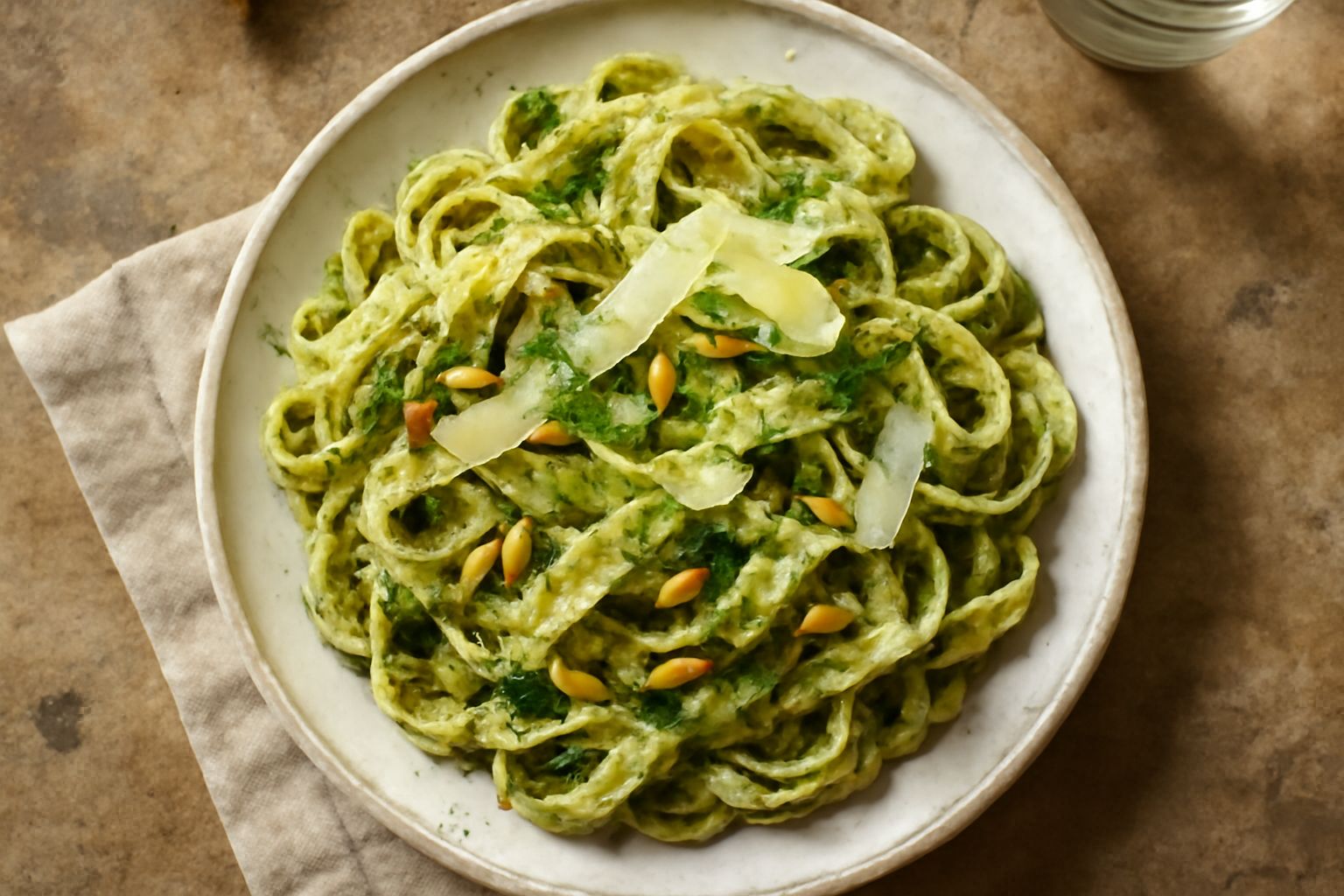 Tagliatelle fresche color crema condite con pesto verde brillante, guarnite con pinoli tostati e scaglie di parmigiano, servite in un piatto bianco con accanto una ciotola di pesto