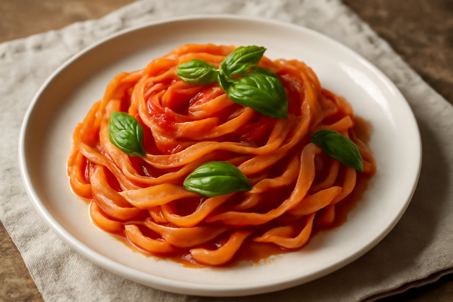 Tagliatelle al pomodoro e basilico servite in un piatto bianco fondo, condite con salsa rossa viva, foglie di basilico verde fresco sparse sopra, filo di olio extravergine dorato, ripresa dall alto