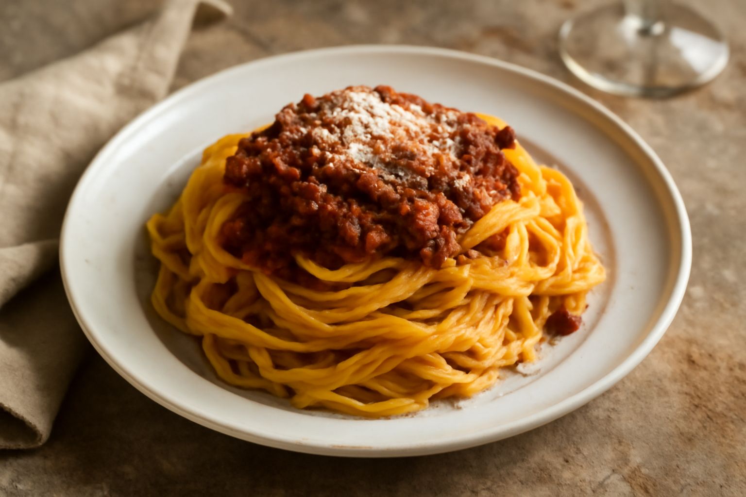 Piatto di tagliatelle al ragù con pasta gialla arrotolata, sugo marrone rossiccio e ricotta bianca grattugiata sopra, servito su piatto bianco