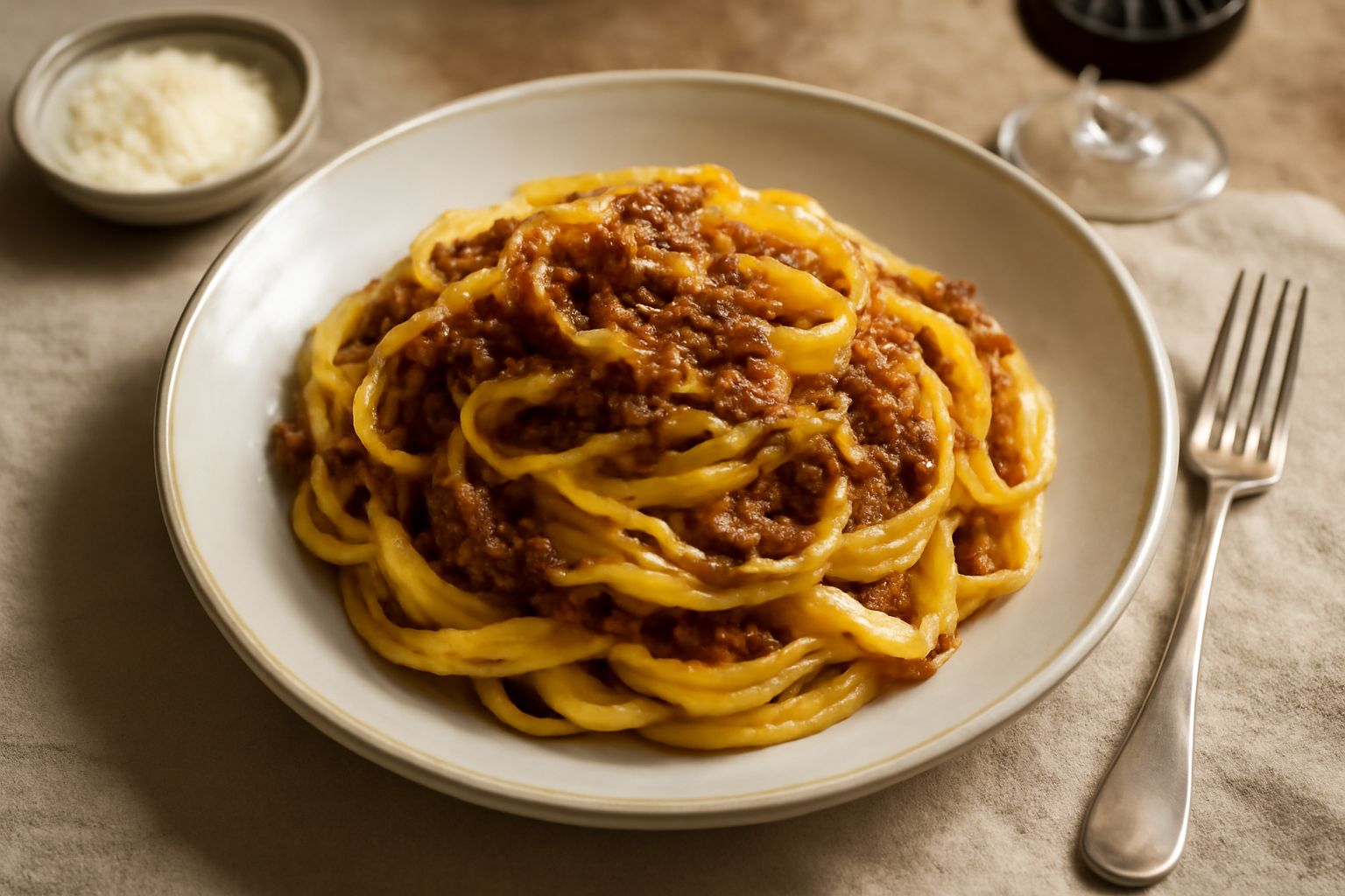 Piatto di tagliatelle fatte a mano di colore giallo paglierino, ricoperte da ragù di carne marrone scuro e denso, guarnite con parmigiano grattugiato bianco, servite in un piatto fondo di ceramica bia