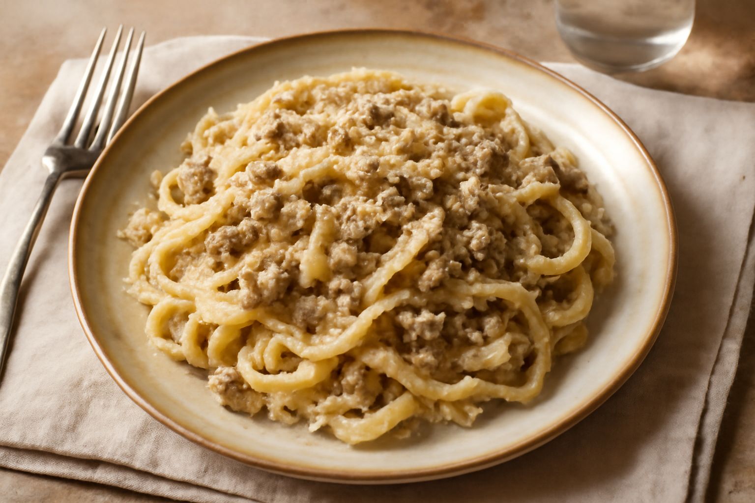 Tagliatelle al ragù bianco servite in un piatto bianco fondo, pasta gialla dorata ricoperta da salsa cremosa color panna con ragù di carne macinata, una spruzzata di parmigiano grattugiato, posate a l