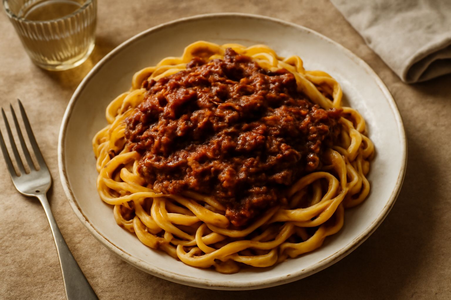 Tagliatelle fresche gialle avvolte attorno alla forchetta, coperte da ragù scuro e lucido di anatra, con pezzetti di carne visibili, servite in piatto bianco fondo con bordo grigio, una noce di burro