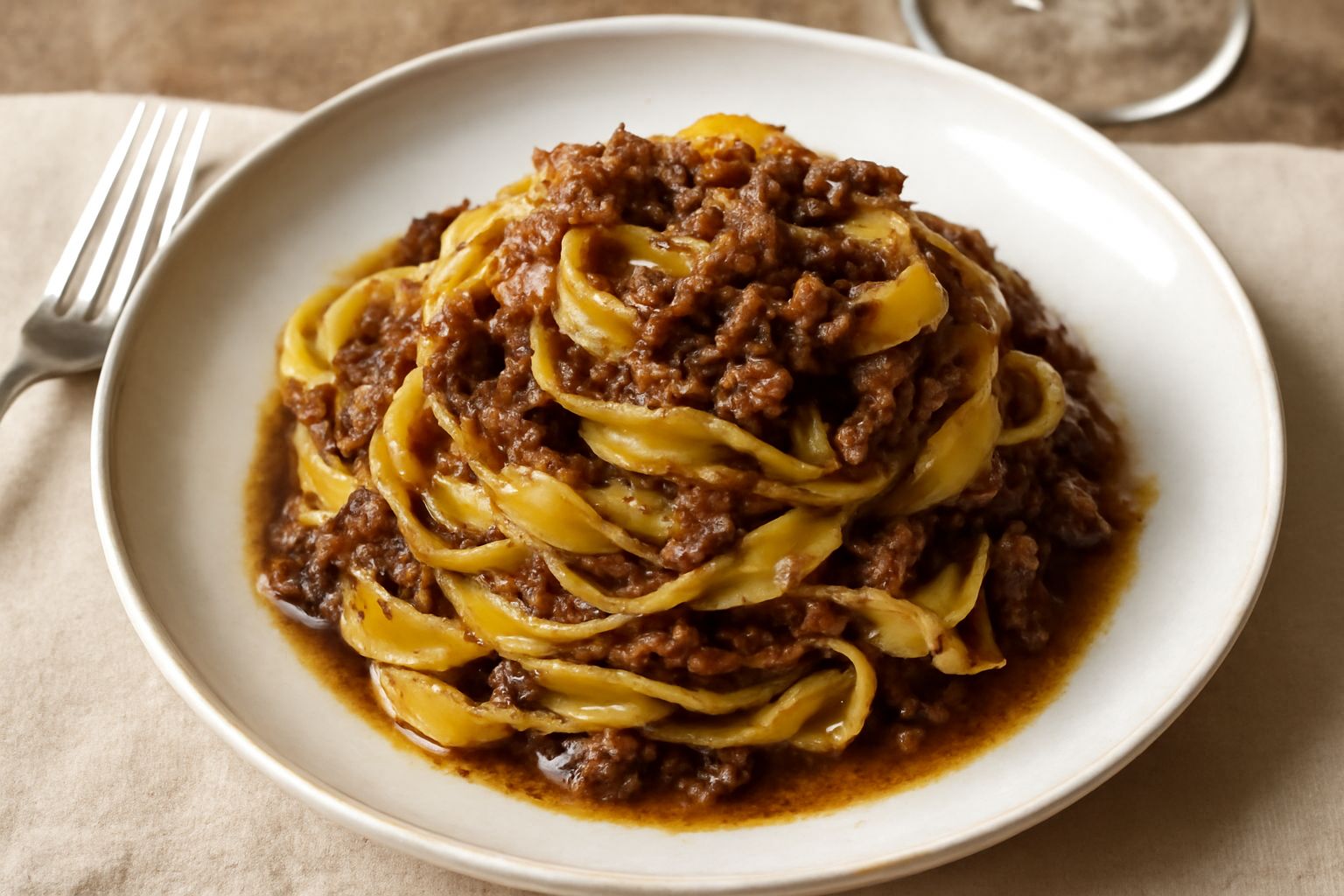 Un piatto bianco con tagliatelle dorate coperte da ragù scuro e denso di anatra, guarnite con parmigiano grattugiato bianco e un filo di olio verde, servite su un tavolo di legno chiaro