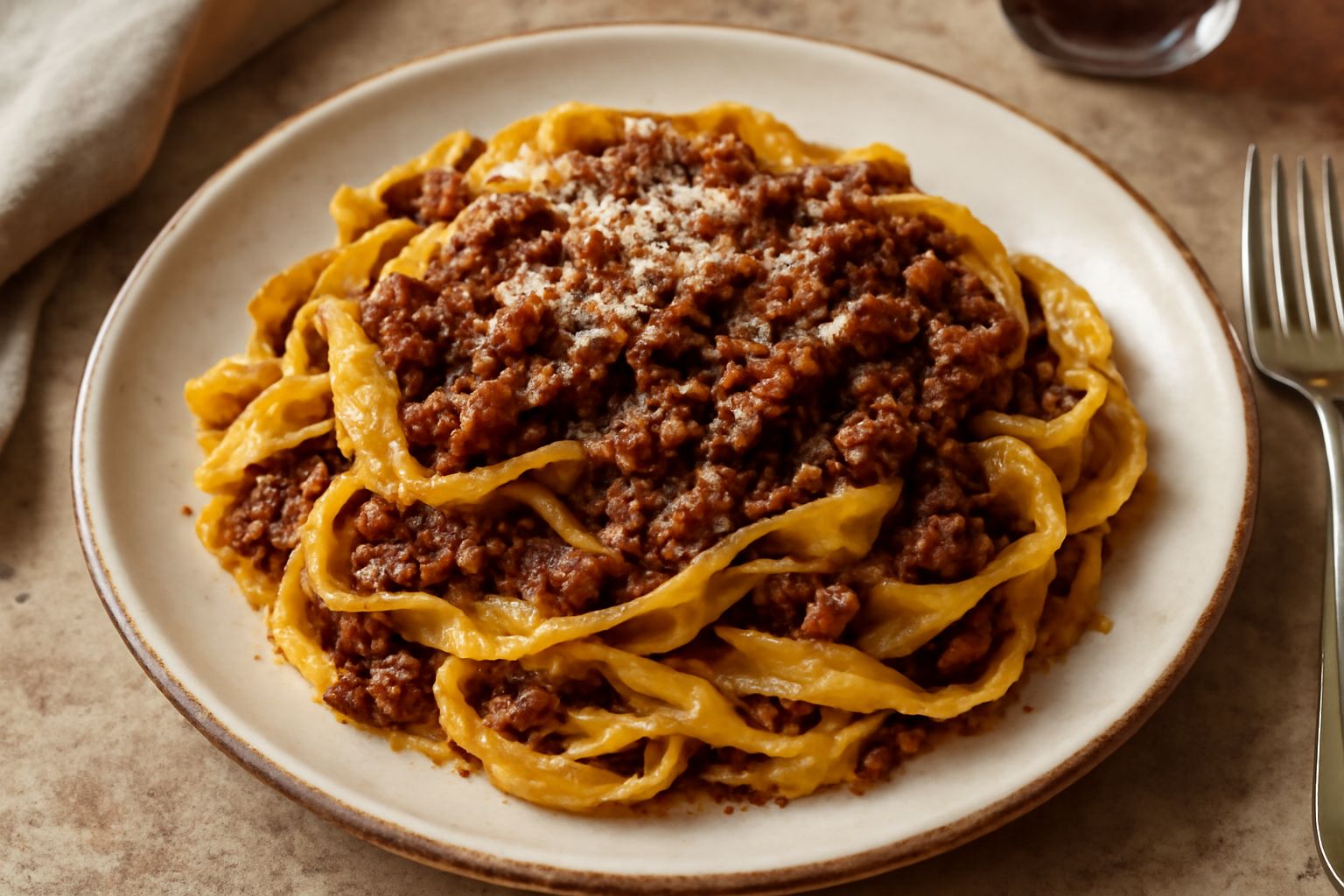Piatto di tagliatelle larghe coperte da ragù scuro e denso con pezzetti visibili di carne, grattugia di parmigiano reggiano sopra, su fondo neutro