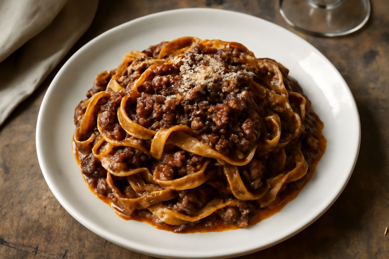 Piatto di tagliatelle bionde avvolte da un ragù marrone scuro e denso, carne di selvaggina visibile, grattugia di formaggio parmigiano, servito in un piatto bianco fondo su tovaglia beige