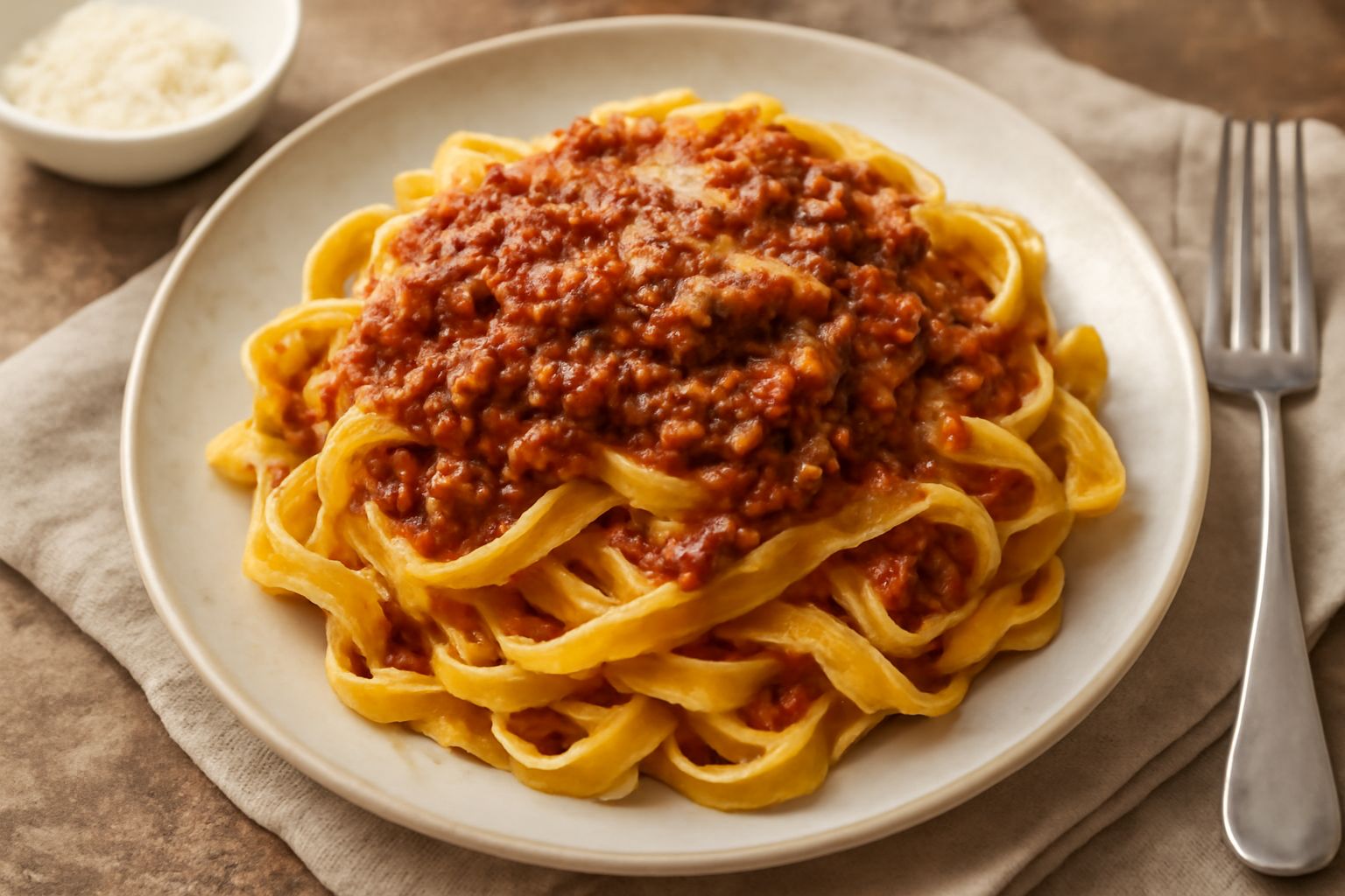Piatto di tagliatelle al ragù con pasta fresca gialla, ragù di carne marrone scuro ben adagiato sopra, una grattugia di parmigiano bianca, servite in un piatto bianco con un bicchiere di vino rosso ac