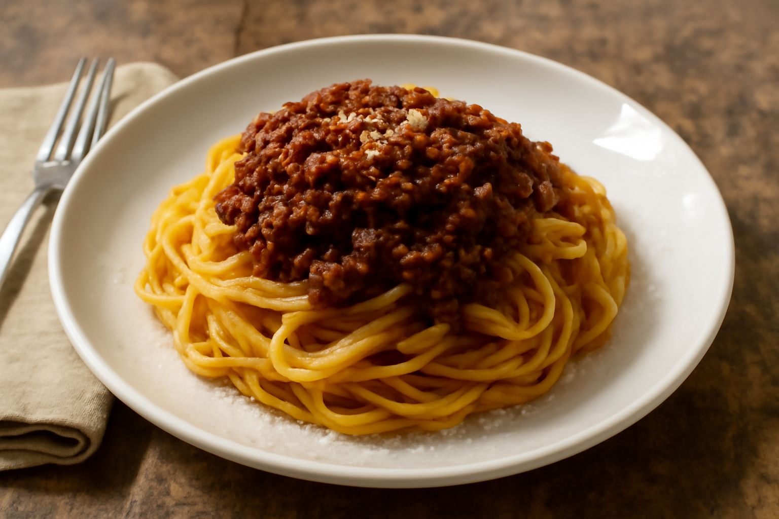 Piatto di tagliatelle bianche con ragù di cavallo marrone scuro, grattugia di parmigiano reggiano grattugiato sopra, nido di pasta al centro, su fondo bianco con forchetta a destra